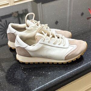 Tory Burch White and Beige Leather Suede Runners